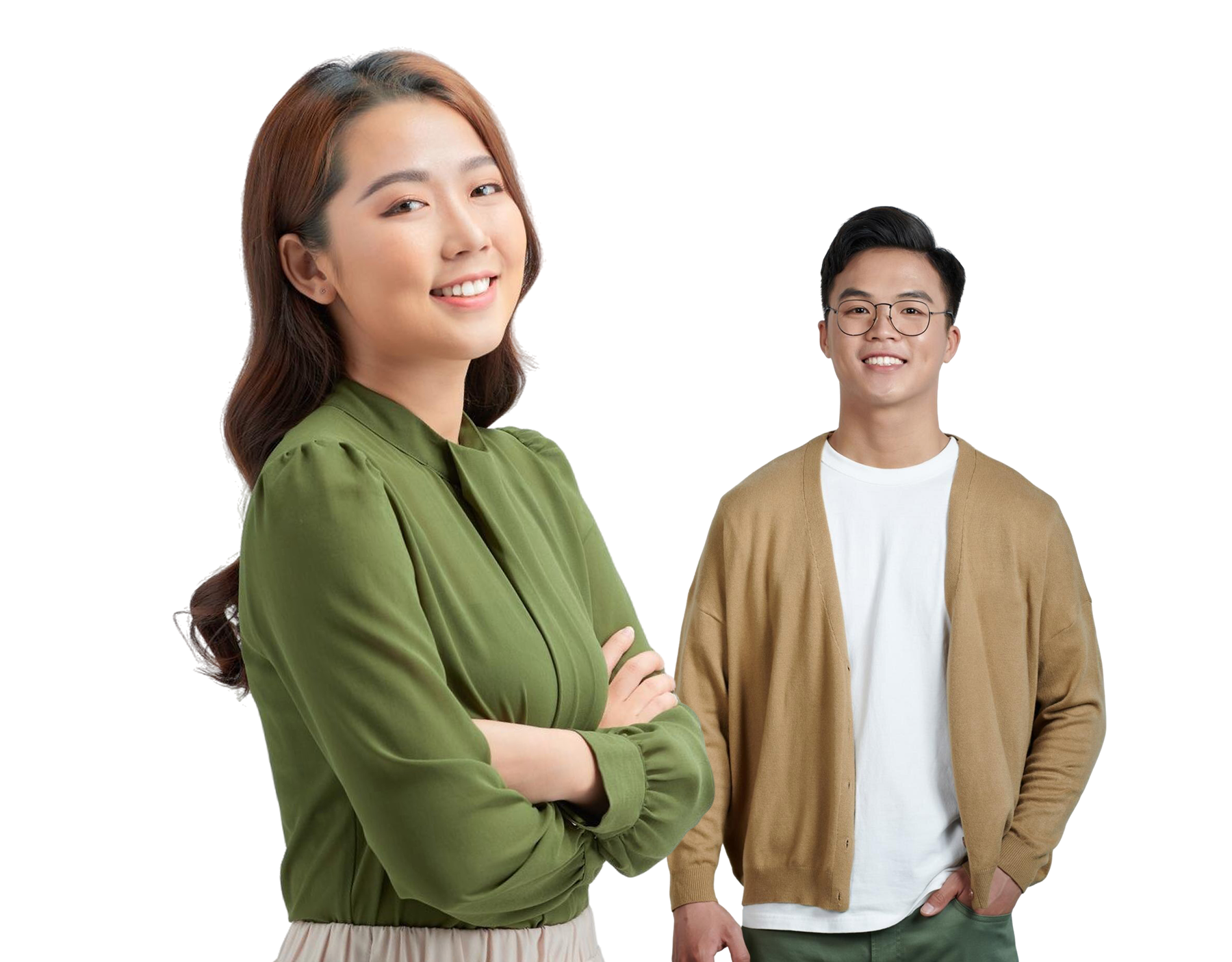 Two ALIVE clients smiling together in front of the wall logo