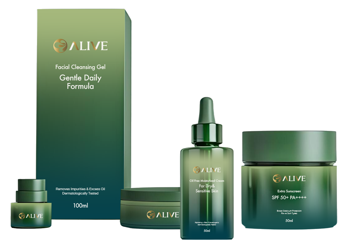 ALIVE branded cosmetic packaging mockup — cleansing gel box, two glass dropper bottles and a sunscreen jar arranged on a dark green surface